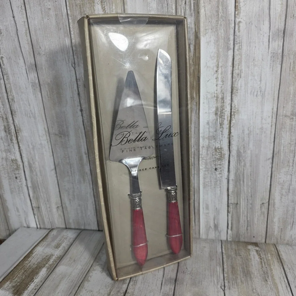 Bella Lux 2 Piece Cake Serving Set Cameo Red Marbled Handles Stainless Steel NEW